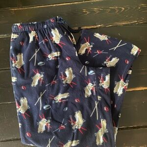 Fleece Navy Blue Lounge Pants with Bears on Skis Print